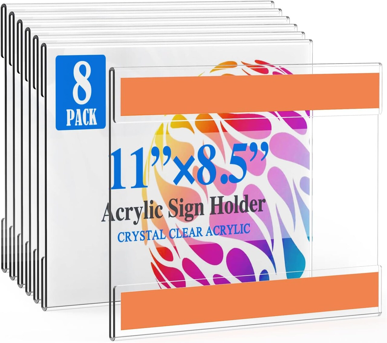 Wall Mount Acrylic Sign Holder, Wall Mount Sign Holders, Vertical Sign Holders with 3M Adhesive, Clear Plastic Frames Paper Display Sign Holders for Office, Home, Store, Restaurant-Horizontal (8 Pack)